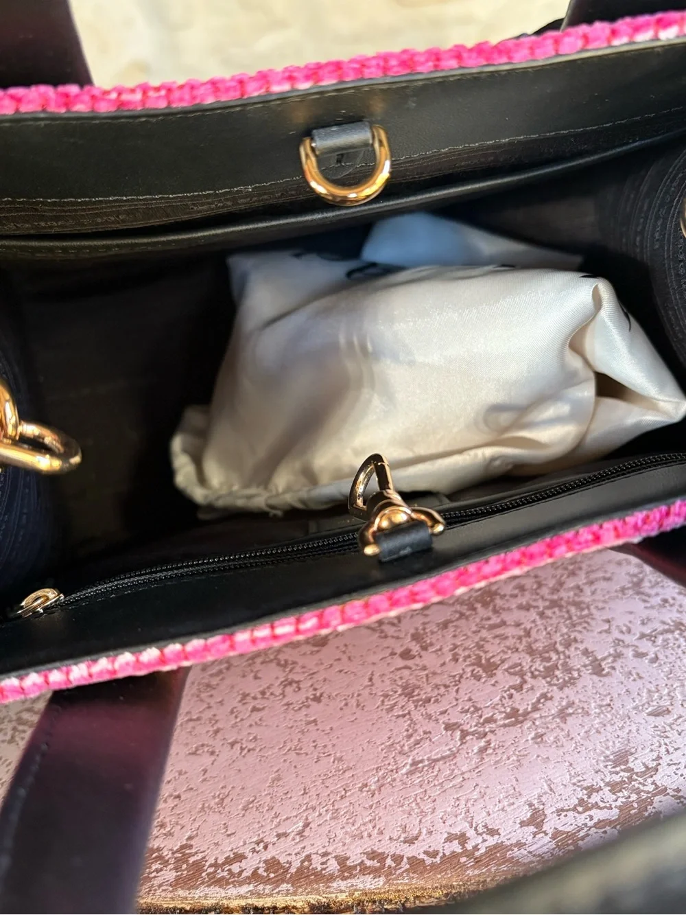 kate spade Pink and Red Striped Straw Satchel with Black Trim
